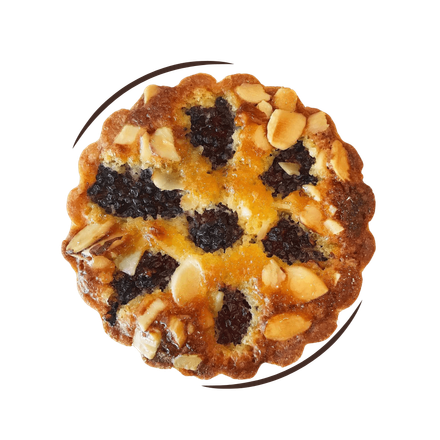 A tart with dark fruit and toasted almonds seen from above