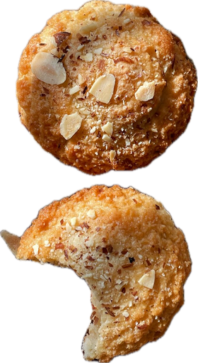 Two almond macarons with cracked tops and sliced almonds