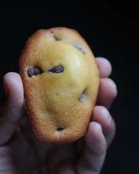 A hand holds a chocolate chip madeleine against a dark background