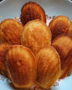 Eight vanilla madeleines piled on a blue floral-rimmed plate, seen from above