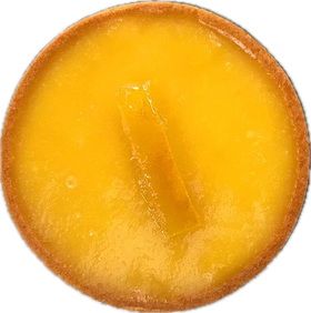 A round lemon tart with a strip of candied lemon on top, seen from above